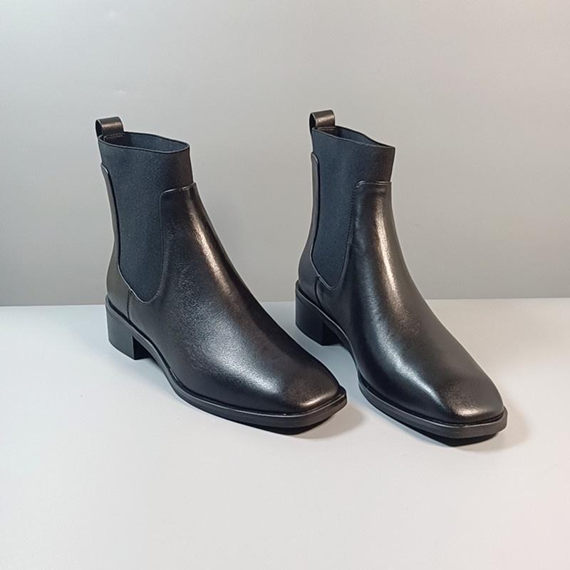 DANDT小眾設計LABUCQ真皮方頭短靴2023年秋冬復古黑色百搭低跟切爾西靴(23 SEP TRA) 外銷女鞋
