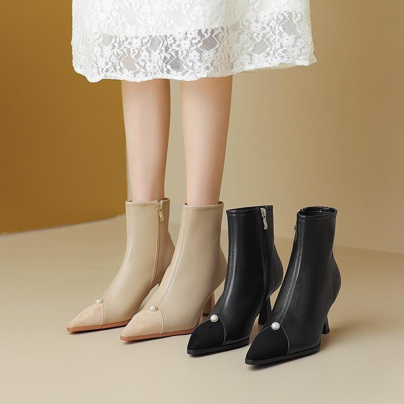 DANDT韓版時裝靴尖頭珍珠細跟短靴2023秋冬新款簡約高跟側拉鏈瘦瘦靴女(23 AUG SAK) 歐美女鞋