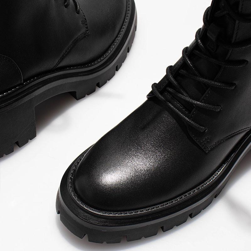 DANDT女鞋馬丁靴系帶粗跟厚底防水台真皮側拉鏈黑色短靴(24 APR TA) 外銷女鞋
