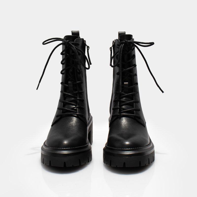 DANDT女鞋馬丁靴系帶粗跟厚底防水台真皮側拉鏈黑色短靴(24 APR TA) 外銷女鞋