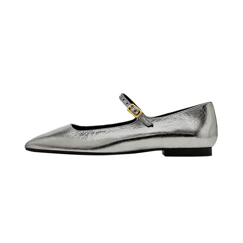 DANDT女鞋瑪麗珍單鞋銀色裂紋皮平底復古簡約芭蕾跳舞鞋(24 APR TA) 外銷女鞋