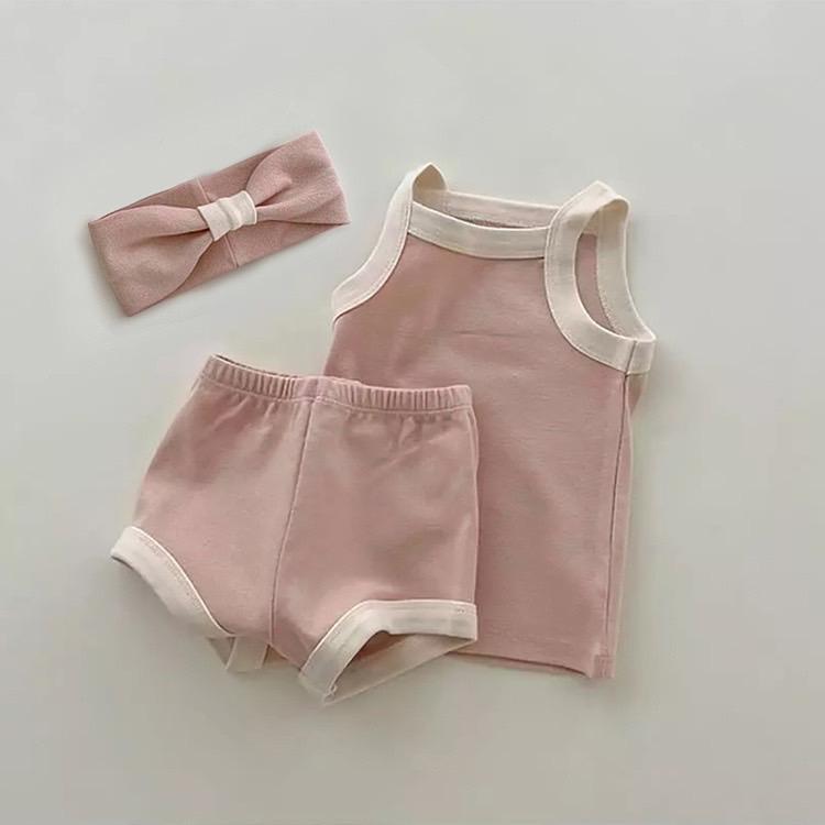 韓國製造｜小寶寶六色馬卡龍純棉背心三件式套裝組（上衣+短褲+髮帶）/純棉童裝