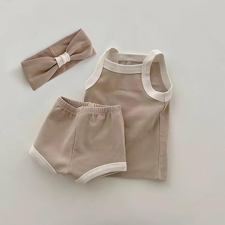 韓國製造｜小寶寶六色馬卡龍純棉背心三件式套裝組（上衣+短褲+髮帶）/純棉童裝