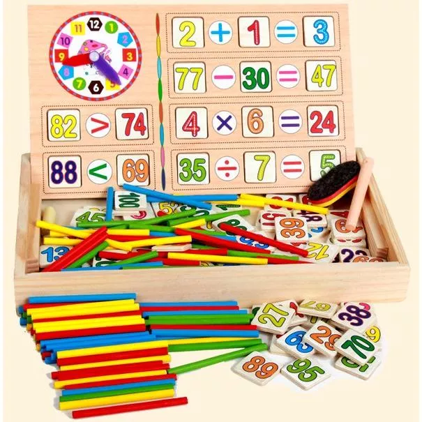 木製多功能數數棒時鐘學習盒 兒童木盒數數棒數字運算盒 教學教具 黑板 7084