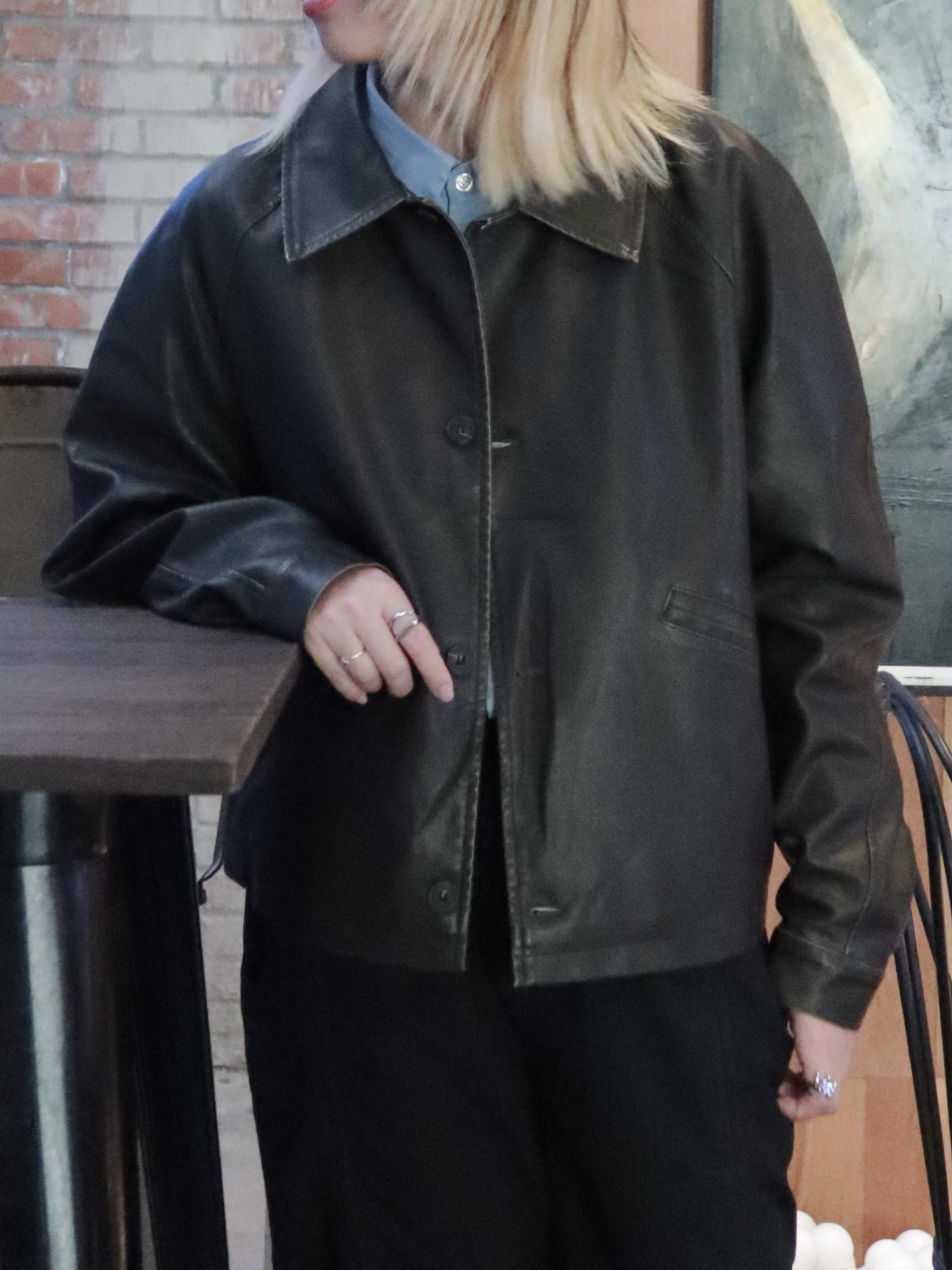 Korea 復古拉克蘭袖皮外套 (黑褐/咖)