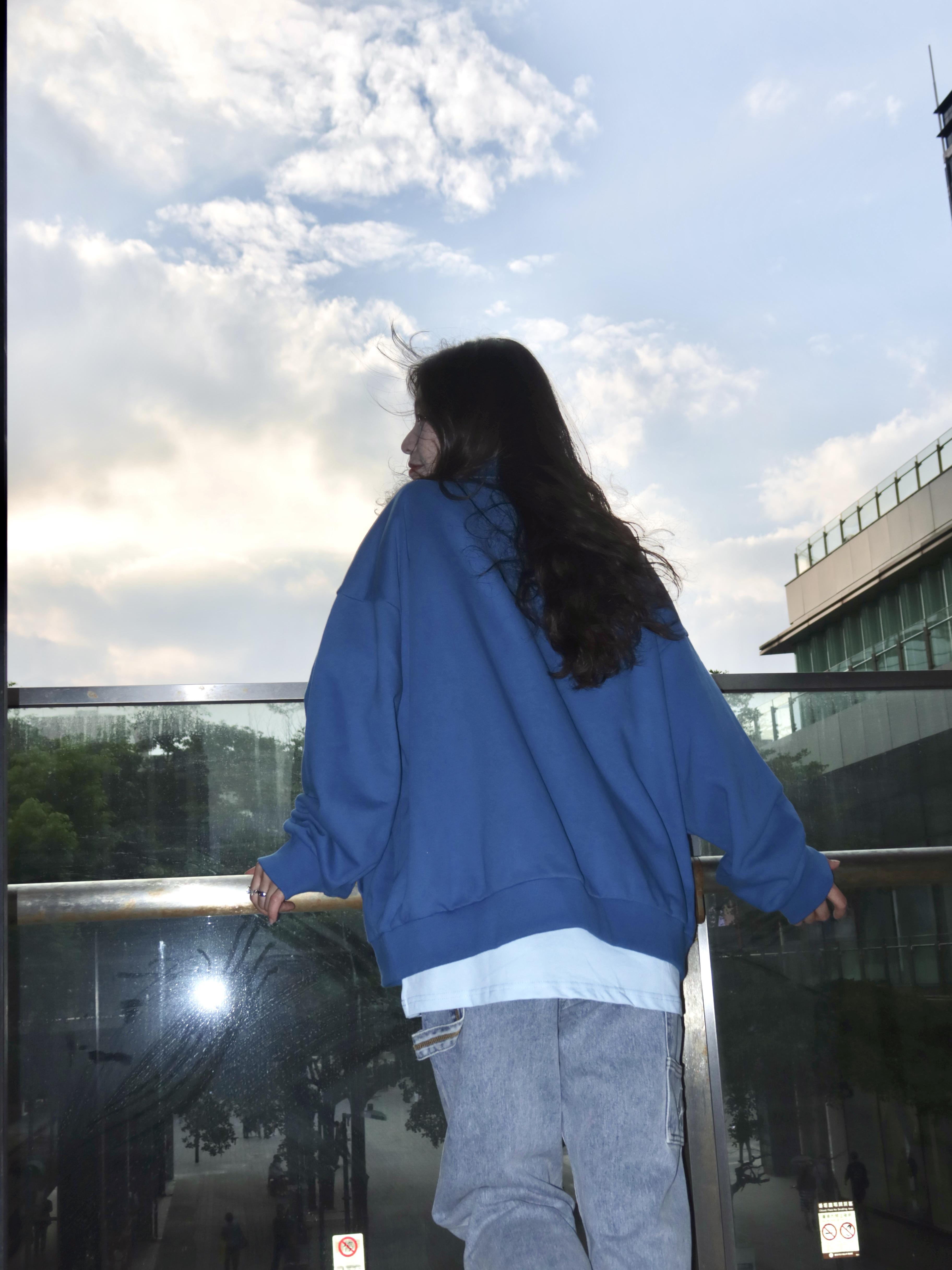 Korea 素色毛巾內裡開襟衛衣 (藍/灰)