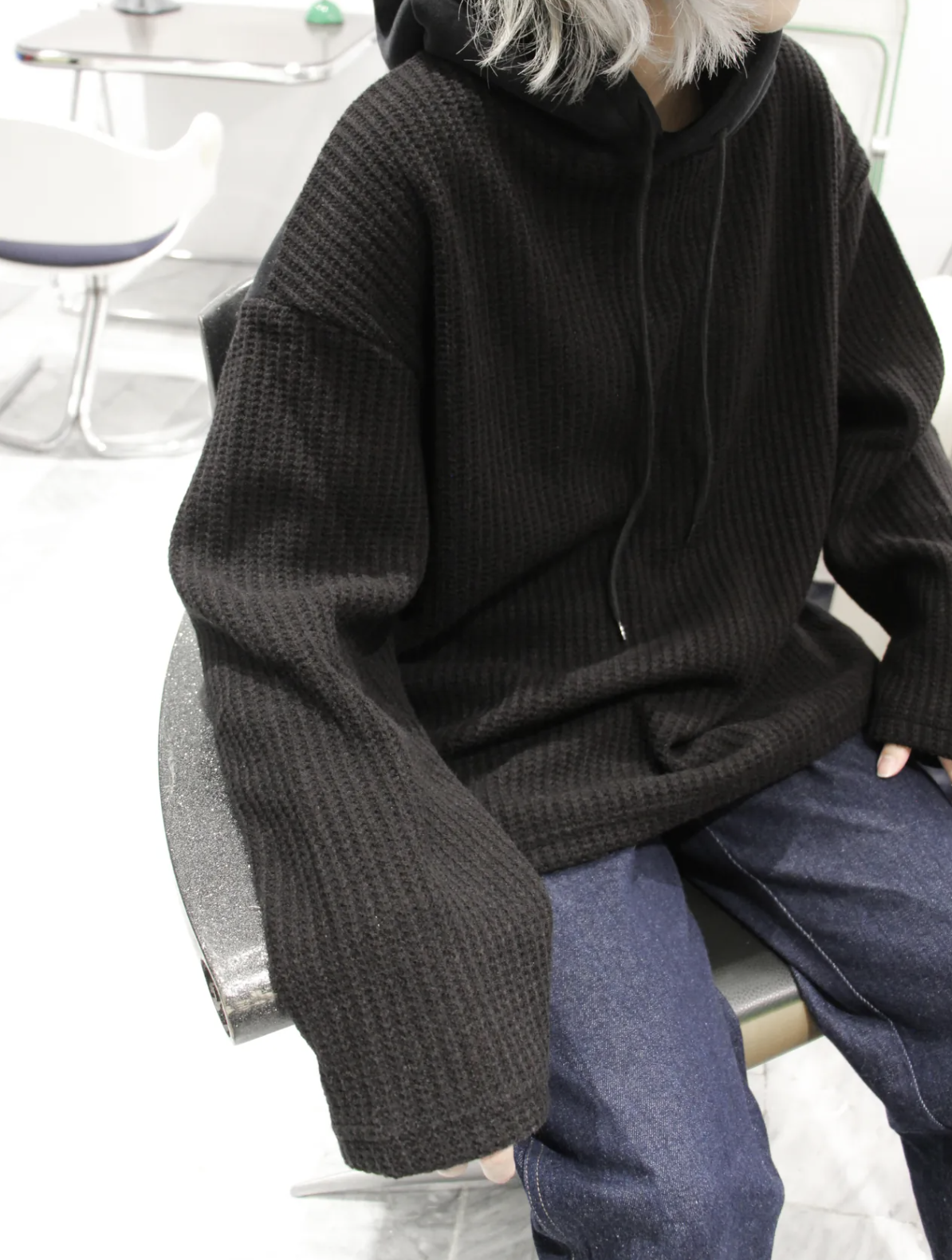 Korea 半針織設計款刷毛帽T (黑/米白)