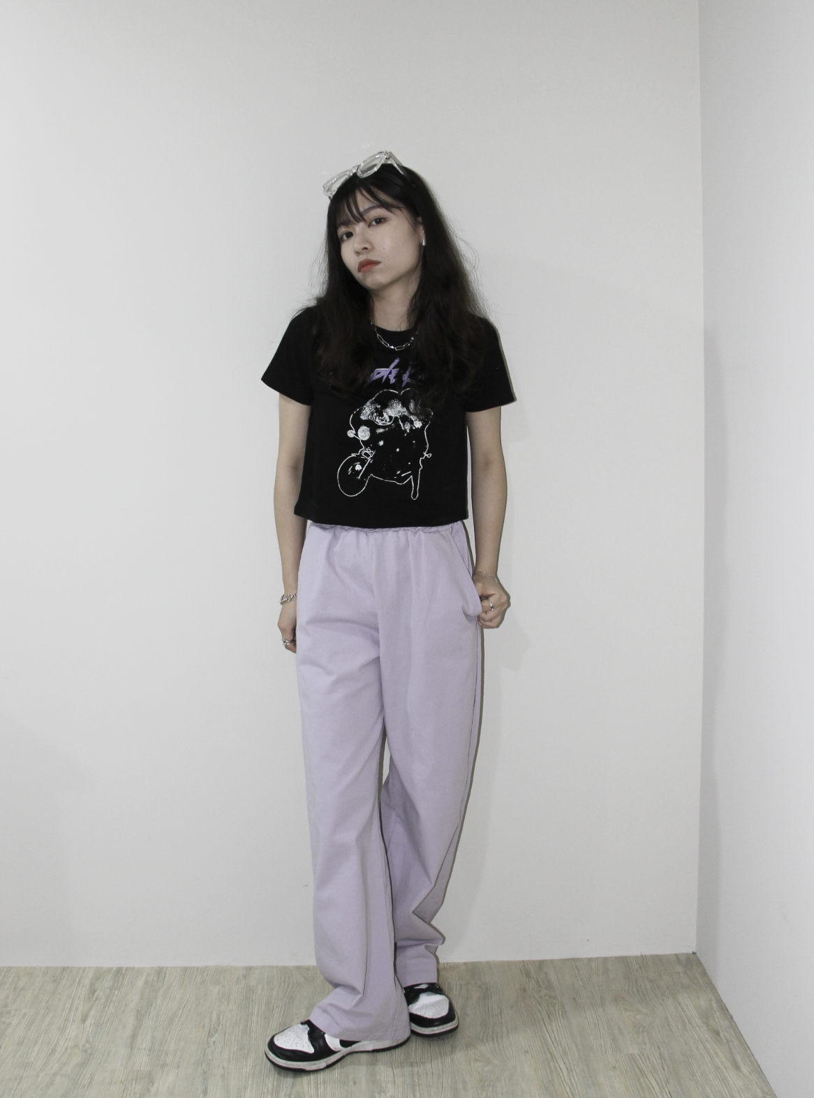 Korea Evergarden斜紋布直筒褲 (白/紫)